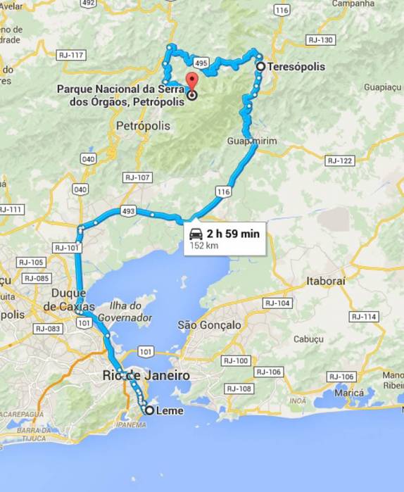 Nosso caminho entre o Rio de Janeiro e a portaria do Parque Nacional da Serra dos Órgãos em Petrópolis, passando pelo Dedo de Deus e por Teresópolis